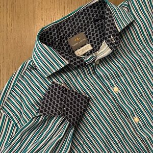 Thomas Dean Men's Teal and White Striped Shirt